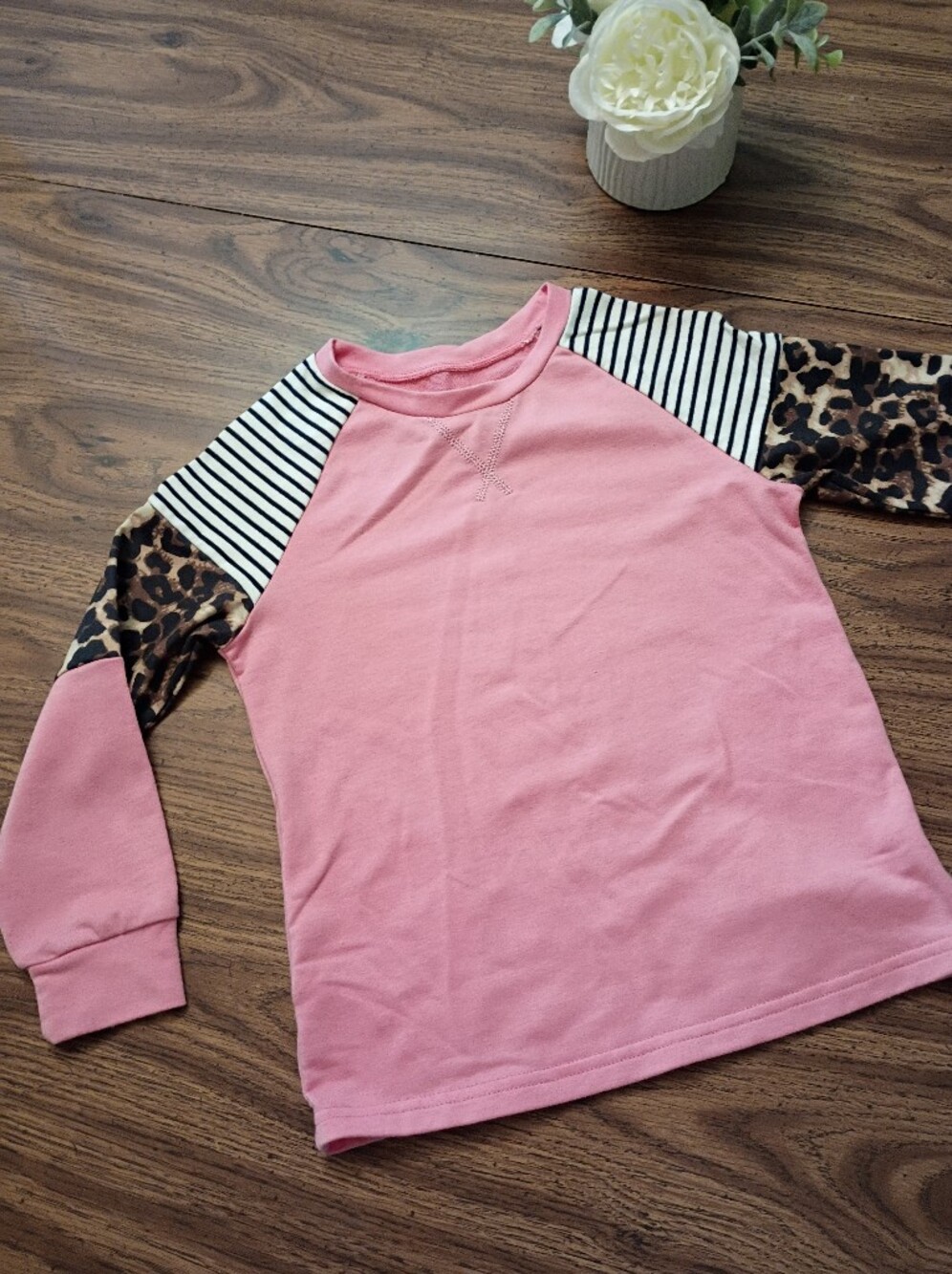 Source Unknown Pink Pullover with Leopard & Black-White Stripe Sleeves